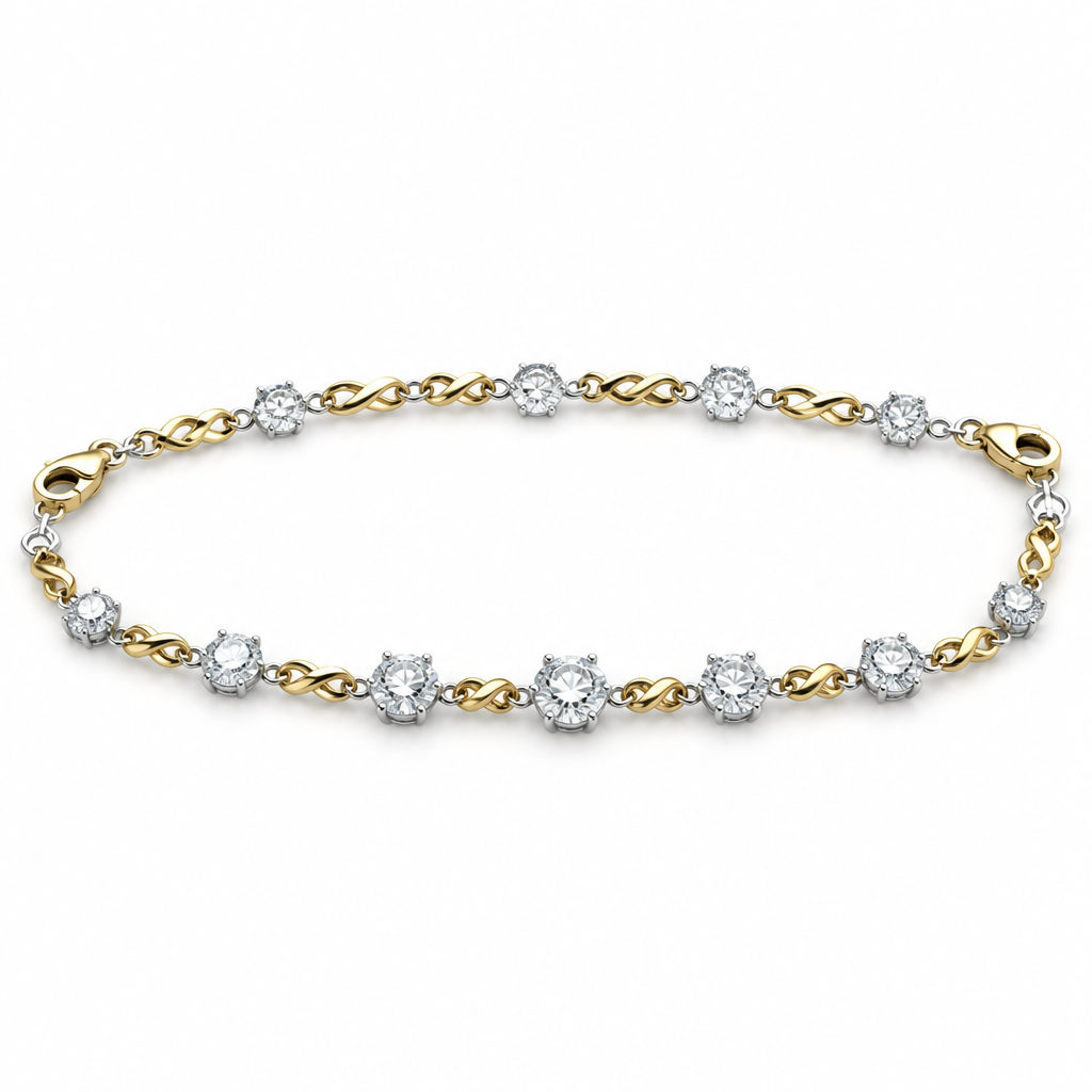 create a diamond station bracelet with 8 stations separated by yellow gold twist connectors and diamonds set in white gold prongs separated by jump rings. Components include 12 diamonds and 7 twist connectors linked with jump rings in the following order:
Clasp
Twist
2.6mm
Twist
3.4mm
3.7mm
Twist
3.95mm
4.25mm
4.45mm
Twist
4.4mm
4.24mm
3.95mm
Twist
3.8mm
3.35mm
Twist
2.55mm
Twist
Clasp
photorealistic jewelry design, create a diamond station bracelet with 8 stations separated by yellow gold twist connectors and diamonds set in white gold prongs separated by jump rings. Components include 12 diamonds and 7 twist connectors linked with jump rings in the following order:
Clasp
Twist
2.6mm
Twist
3.4mm
3.7mm
Twist
3.95mm
4.25mm
4.45mm
Twist
4.4mm
4.24mm
3.95mm
Twist
3.8mm
3.35mm
Twist
2.55mm
Twist
Clasp, just the design no text
