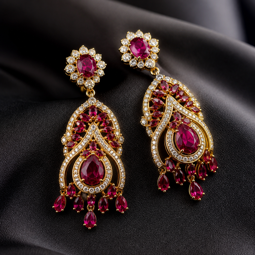 A luxury women's earrings made of gold with ruby stones suitable for gift
photorealistic jewelry design, A luxury women's earrings made of gold with ruby stones suitable for gift, luxury style, just the design no text