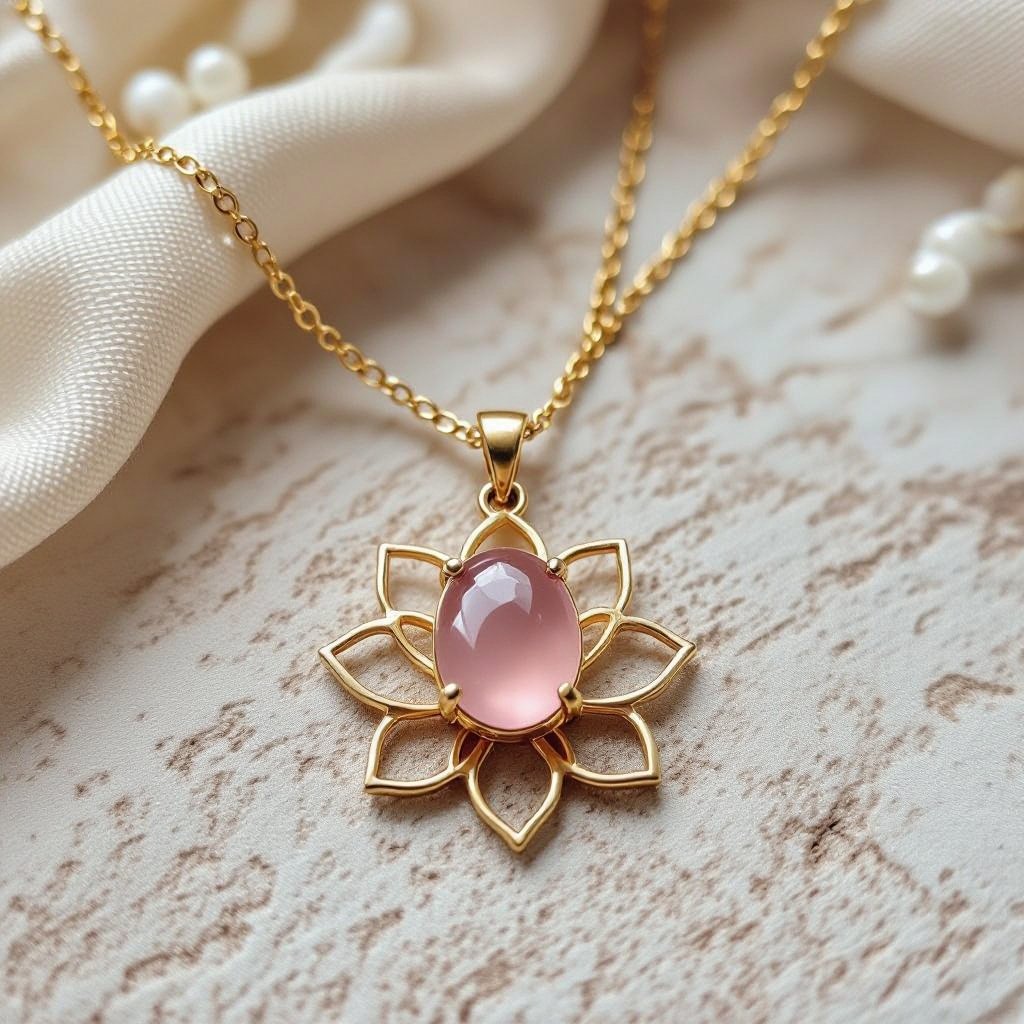 Золотая матовая цепочка. Подвеска лотос шесть лепестков. В сердце лотоса матовый розовый кварц овальный