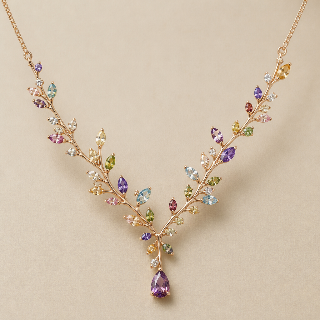 A women's necklace. que sea con ramitas con las diferentes gemas
photorealistic jewelry design, A women's necklace. que sea con ramitas con las diferentes gemas, modern style, just the design no text