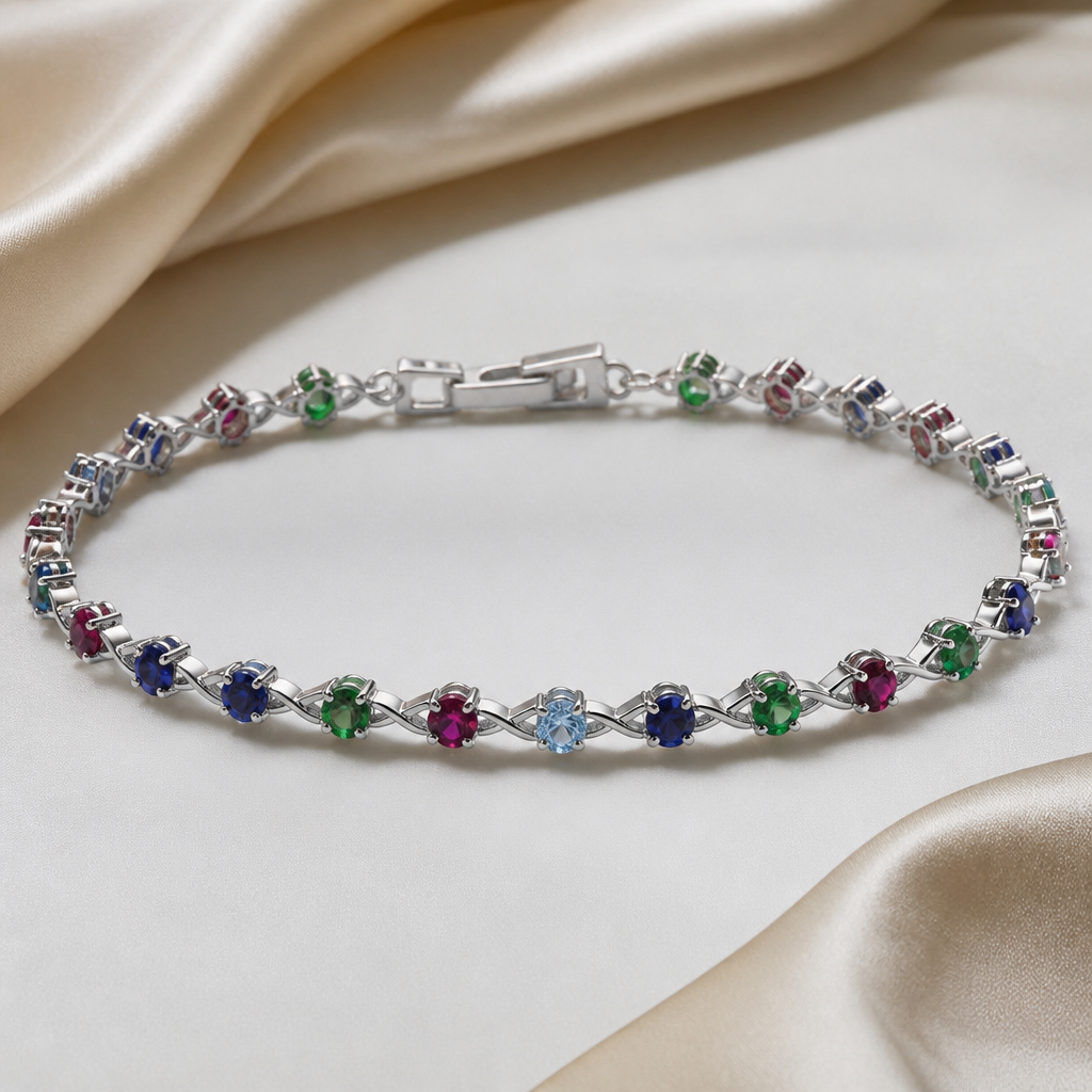 A tennis women's bracelet made of silver with emerald and ruby and sapphire and topaz stones. it will be like aa aesthetic look , we can wear daily also , and unique desine little bit less metal
photorealistic jewelry design, A tennis women's bracelet made of silver with emerald and ruby and sapphire and topaz stones. it will be like aa aesthetic look , we can wear daily also , and unique desine little bit less metal, tennis style, just the design no text