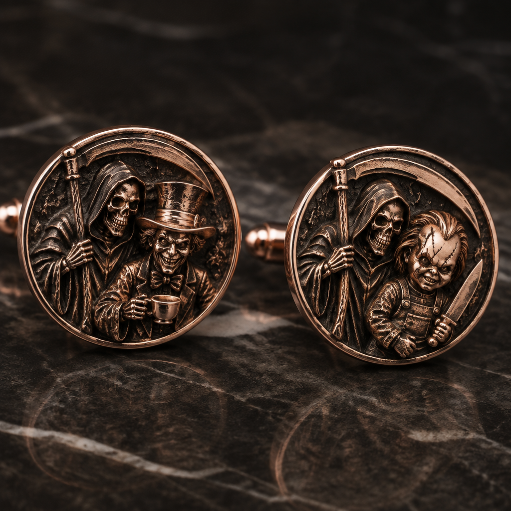 A rustic men's cufflinks made of rose gold suitable for formal. a reaper with a skeleton with the madhatter with chucky
photorealistic jewelry design, A rustic men's cufflinks made of rose gold suitable for formal. a reaper with a skeleton with the madhatter with chucky, rustic style, just the design no text