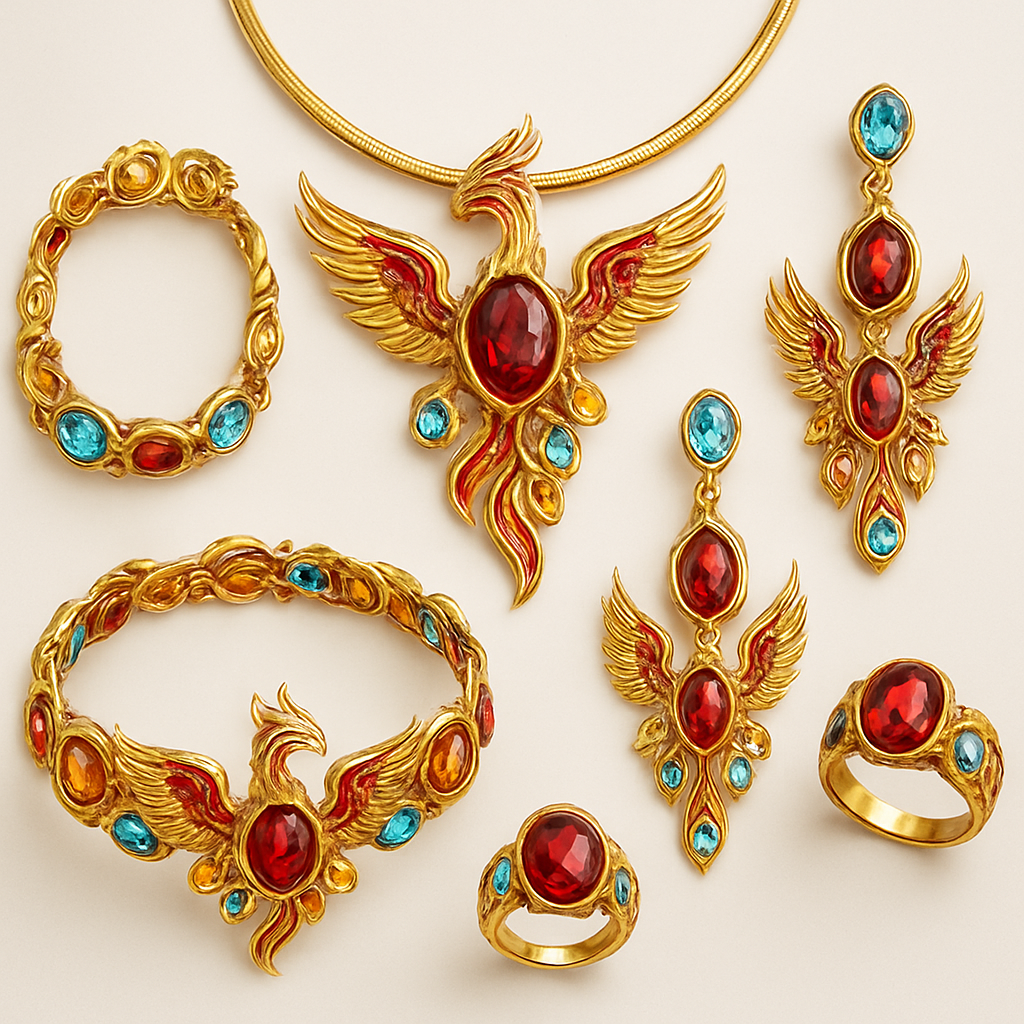 A full Ruby jewelry set including bracelet, earrings and rings with at least 10 citrine and topaz inlays with phoenix themes and an omega necklace