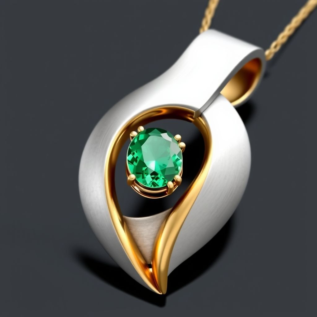 Modern pendant snake featuring asymmetrical angles and a polished finish. Use a combination of brushed matte silver and high-shine gold accents for contrast. Incorporate a single, oval-cut gemstone-perhaps a striking emerald-set at an unconventional angle, creating a bold focal point that exudes contemporary elegance and sophistication.
