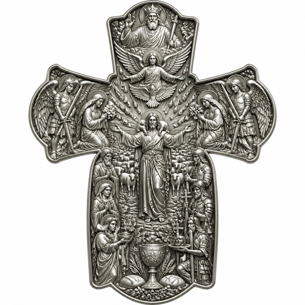 A artistic women's pendant made of silver suitable for festival. An extraordinary excellent beautiful delicate and elegant, super modern Cross, without stones, without background only the Cross, with Jesus Christ as the Good Shepherd with a beautiful delicate and elegant face, with long hair, with a beautiful delicate elegant and fit body, with His hands wide open to receive all of us, with a beautiful delicate elegant and beautifully ornated tunic, with a beautiful delicate and elegant sheep on His shoulders, with a beautiful delicate and elegant flock of beautiful delicate and elegant sheep backward of Him. Over Jesus Christ and the flock to be placed the Holy Spirit as an Angel with a beautiful delicate and elegant face, with long hair, with big wings flying, with a beautiful delicate elegant and fit body, with a beautiful delicate elegant and beautifully ornated tunic under the Angel to be placed a beautiful delicate and elegant dove flying both of them the Angel and the dove to be surrounded by tongues of fire radiating light to Jesus Christ and the flock. Over the Holy Spirit to be placed God the Father with a beautiful delicate and elegant face, with long hair, with a beautiful delicate elegant and fit body, with a beautiful delicate and elegant tunic, with a beautiful delicate and elegant sceptre at His left hand blessing the world with His right hand, with a beautiful delicate elegant and beautifully ornated crown on His head. At the bottom of the Cross to be placed the Holy Communion with a beautiful delicate elegant and beautifully ornated chalice and two breads around the chalice. At the lower right side of the Cross to be stacked one by one Saint John the Baptist with a beautiful delicate elegant and beautifully ornated platter with his head on it. Over Saint John the Baptist to be placed Saint Constantine with a beautiful delicate and elegant face, with long hair, with a beautiful delicate and elegant crown on his head, with a beautiful delicate elegant and fit body, with a beautiful delicate and elegant armour holding a beautiful delicate elegant and beautifully ornated Cross. Over Saint Constantine to be placed Saint George with a beautiful delicate and elegant face, with long hair, with a beautiful delicate elegant and beautifully ornated helmet with a beautiful delicate elegant and fit body, with a beautiful delicate elegant and beautifully ornated armour, holding a beautiful delicate and elegant sword with his right hand at low position and near the floor giving respect to the Holy Trinity and Praying. Over Saint George to be placed Saint Peter the Apostle Praying. At the left lower side of the Cross to be placed stacked Saint Paraskevi with a beautiful delicate and elegant face, with long hair, with a beautiful delicate elegant and beautifully curved body, with a beautiful delicate elegant and beautifully ornated tunic holding a bowl with two eyes in it. Over Saint Paraskevi to be placed Saint Irene with a beautiful delicate and elegant face, with long hair, with a beautiful delicate elegant and beautifully ornated wreath on her head, with a beautiful delicate elegant and beautifully curved body, with a beautiful delicate elegant and beautifully ornated tunic Praying. Over Saint Irene to be placed Virgo Maria with a beautiful delicate and elegant face, with beautifully ornated long hair, with a beautiful delicate elegant and beautifully curved body, with a beautiful delicate elegant and beautifully ornated tunic Praying. Over Virgo Maria to be placed Saint Paul the Apostle Praying. At the right side of the Cross to be placed Saint Michael the Archangel with a beautiful delicate and elegant face, with long hair, with a beautiful delicate elegant and beautifully ornated helmet, with a beautiful delicate elegant and fit body, with big wings flying, with a beautiful delicate elegant and beautifully ornated armour, holding His beautiful delicate elegant and beautifully ornated sword low to the ground giving respect to the Holy Trinity and Praying. In front of Saint Michael the Archangel to be placed Saint Gabriel the Archangel with a beautiful delicate and elegant face, with long hair, with a beautiful delicate elegant and beautifully ornated helmet on His head, with a beautiful delicate elegant and fit body, with big wings flying, with a beautiful delicate elegant and beautifully ornated armour, holding a beautiful delicate elegant and beautifully ornated bucket of lilyes and Praying. At the left side of the Cross to be placed Saint Rafael the Archangel with a beautiful delicate and elegant face, with long hair, with a beautiful delicate elegant and beautifully ornated helmet, with a beautiful delicate elegant and fit body, with big wings flying, with a beautiful delicate elegant and beautifully ornated armour, holding a beautiful delicate elegant and beautifully ornated sword with his right hand low giving respect to the Holy Trinity and Praying. In front of Saint Rafael the Archangel to be placed the Guardian Angel with a beautiful delicate and elegant face, with long hair, with a beautiful delicate elegant and beautifully ornated with flowers wreath on His head, with a beautiful delicate elegant and fit body, with a beautiful delicate elegant and beautifully ornated tunic Praying. Make all the Angels, the Saints, God the Father, the Holy Spirit and Jesus Christ and the flock as statues.
photorealistic jewelry design, A artistic women's pendant made of silver suitable for festival. An extraordinary excellent beautiful delicate and elegant, super modern Cross, without stones, without background only the Cross, with Jesus Christ as the Good Shepherd with a beautiful delicate and elegant face, with long hair, with a beautiful delicate elegant and fit body, with His hands wide open to receive all of us, with a beautiful delicate elegant and beautifully ornated tunic, with a beautiful delicate and elegant sheep on His shoulders, with a beautiful delicate and elegant flock of beautiful delicate and elegant sheep backward of Him. Over Jesus Christ and the flock to be placed the Holy Spirit as an Angel with a beautiful delicate and elegant face, with long hair, with big wings flying, with a beautiful delicate elegant and fit body, with a beautiful delicate elegant and beautifully ornated tunic under the Angel to be placed a beautiful delicate and elegant dove flying both of them the Angel and the dove to be surrounded by tongues of fire radiating light to Jesus Christ and the flock. Over the Holy Spirit to be placed God the Father with a beautiful delicate and elegant face, with long hair, with a beautiful delicate elegant and fit body, with a beautiful delicate and elegant tunic, with a beautiful delicate and elegant sceptre at His left hand blessing the world with His right hand, with a beautiful delicate elegant and beautifully ornated crown on His head. At the bottom of the Cross to be placed the Holy Communion with a beautiful delicate elegant and beautifully ornated chalice and two breads around the chalice. At the lower right side of the Cross to be stacked one by one Saint John the Baptist with a beautiful delicate elegant and beautifully ornated platter with his head on it. Over Saint John the Baptist to be placed Saint Constantine with a beautiful delicate and elegant face, with long hair, with a beautiful delicate and elegant crown on his head, with a beautiful delicate elegant and fit body, with a beautiful delicate and elegant armour holding a beautiful delicate elegant and beautifully ornated Cross. Over Saint Constantine to be placed Saint George with a beautiful delicate and elegant face, with long hair, with a beautiful delicate elegant and beautifully ornated helmet with a beautiful delicate elegant and fit body, with a beautiful delicate elegant and beautifully ornated armour, holding a beautiful delicate and elegant sword with his right hand at low position and near the floor giving respect to the Holy Trinity and Praying. Over Saint George to be placed Saint Peter the Apostle Praying. At the left lower side of the Cross to be placed stacked Saint Paraskevi with a beautiful delicate and elegant face, with long hair, with a beautiful delicate elegant and beautifully curved body, with a beautiful delicate elegant and beautifully ornated tunic holding a bowl with two eyes in it. Over Saint Paraskevi to be placed Saint Irene with a beautiful delicate and elegant face, with long hair, with a beautiful delicate elegant and beautifully ornated wreath on her head, with a beautiful delicate elegant and beautifully curved body, with a beautiful delicate elegant and beautifully ornated tunic Praying. Over Saint Irene to be placed Virgo Maria with a beautiful delicate and elegant face, with beautifully ornated long hair, with a beautiful delicate elegant and beautifully curved body, with a beautiful delicate elegant and beautifully ornated tunic Praying. Over Virgo Maria to be placed Saint Paul the Apostle Praying. At the right side of the Cross to be placed Saint Michael the Archangel with a beautiful delicate and elegant face, with long hair, with a beautiful delicate elegant and beautifully ornated helmet, with a beautiful delicate elegant and fit body, with big wings flying, with a beautiful delicate elegant and beautifully ornated armour, holding His beautiful delicate elegant and beautifully ornated sword low to the ground giving respect to the Holy Trinity and Praying. In front of Saint Michael the Archangel to be placed Saint Gabriel the Archangel with a beautiful delicate and elegant face, with long hair, with a beautiful delicate elegant and beautifully ornated helmet on His head, with a beautiful delicate elegant and fit body, with big wings flying, with a beautiful delicate elegant and beautifully ornated armour, holding a beautiful delicate elegant and beautifully ornated bucket of lilyes and Praying. At the left side of the Cross to be placed Saint Rafael the Archangel with a beautiful delicate and elegant face, with long hair, with a beautiful delicate elegant and beautifully ornated helmet, with a beautiful delicate elegant and fit body, with big wings flying, with a beautiful delicate elegant and beautifully ornated armour, holding a beautiful delicate elegant and beautifully ornated sword with his right hand low giving respect to the Holy Trinity and Praying. In front of Saint Rafael the Archangel to be placed the Guardian Angel with a beautiful delicate and elegant face, with long hair, with a beautiful delicate elegant and beautifully ornated with flowers wreath on His head, with a beautiful delicate elegant and fit body, with a beautiful delicate elegant and beautifully ornated tunic Praying. Make all the Angels, the Saints, God the Father, the Holy Spirit and Jesus Christ and the flock as statues., artistic style, just the design no text