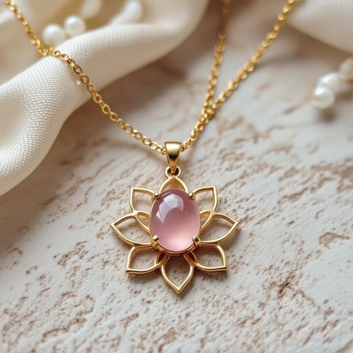 Золотая матовая цепочка. Подвеска лотос шесть лепестков. В сердце лотоса матовый розовый кварц овальный