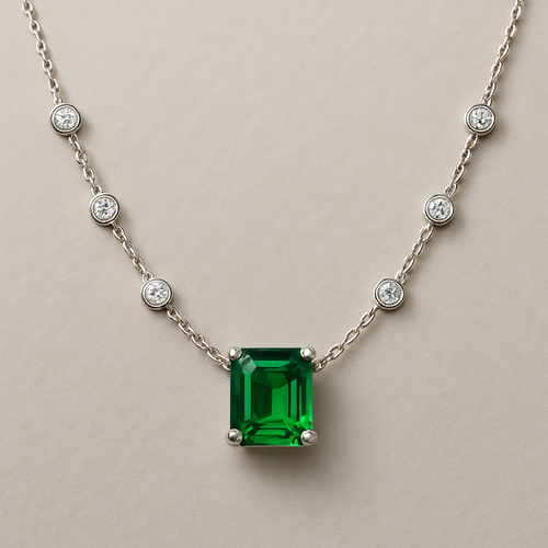 Diamond station necklace with one center diamond shaped emerald 