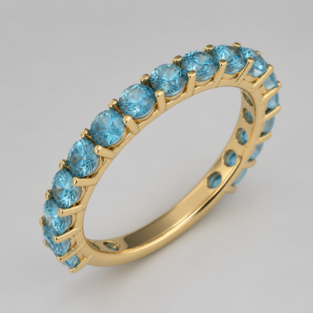 A women's ring made of gold with topaz stones. 45 cm with 15 blu topaz
photorealistic jewelry design, A women's ring made of gold with topaz stones. 45 cm with 15 blu topaz, modern style, just the design no text