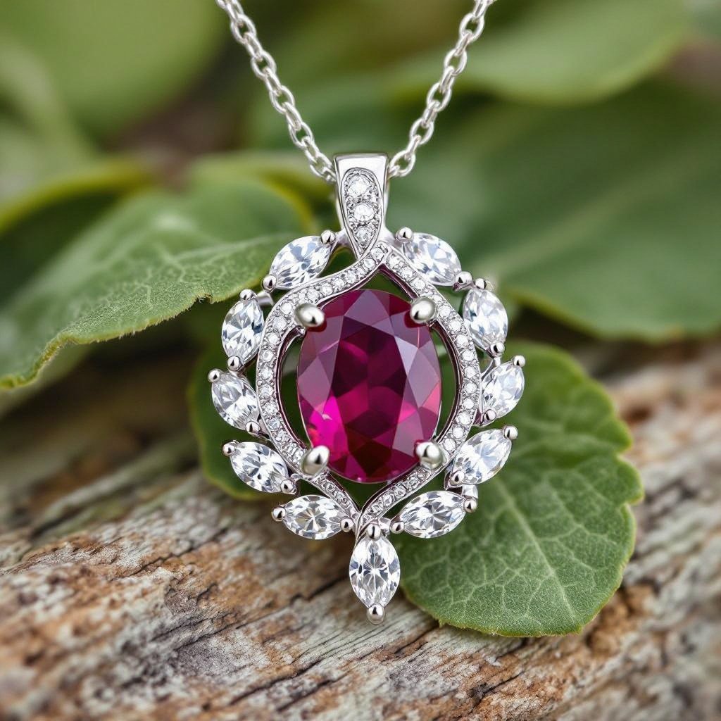 7x5mm oval pigeon blood ruby with 8 marquis cut diamonds each .08ct set in white gold pendant 