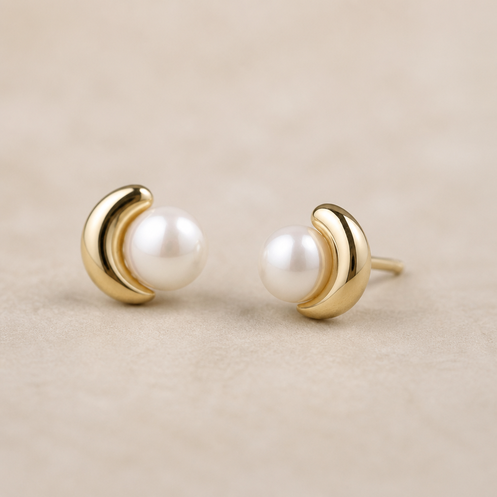 A women's earrings made of gold. an earing with 1 pearl and gold beside. no diamond. also small simple, round
photorealistic jewelry design, A women's earrings made of gold. an earing with 1 pearl and gold beside. no diamond. also small simple, round, modern style, just the design no text