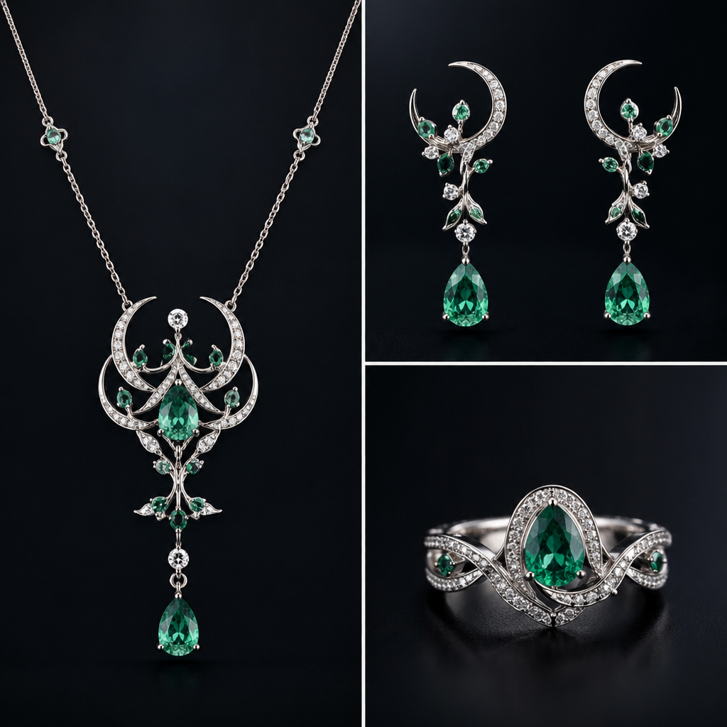 A women's necklace with emerald and diamond stones. 타라의 보호 에너지를 담아,
불안한 마음을 부드럽게 감싸주는 목걸이,귀걸이.반지세트. 고대 보호 주술이담긴 현대적인 감각적인 디자인
photorealistic jewelry design, A women's necklace with emerald and diamond stones. 타라의 보호 에너지를 담아,
불안한 마음을 부드럽게 감싸주는 목걸이,귀걸이.반지세트. 고대 보호 주술이담긴 현대적인 감각적인 디자인, modern style, just the design no text