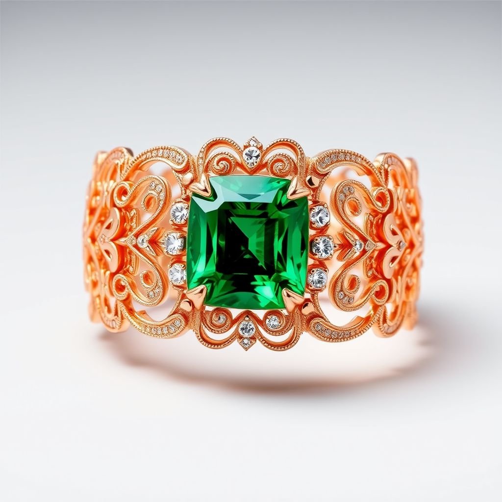A green emerald cushion cut, with VVS clarity and 20 carat rose gold bracelet
