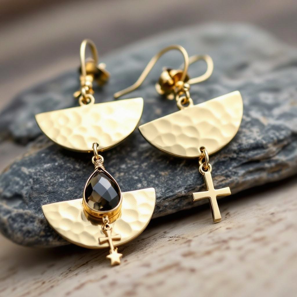 Золотые серьги словно мятое золото в форме узкого изящного полумесяца. Верхушка полумесяца крепится к застежке серьги. К нижней части полумесяца крепятся три подвески: миниатюрный золотой анкх, кристалл раухтопаза и маленькая золотая звездочка