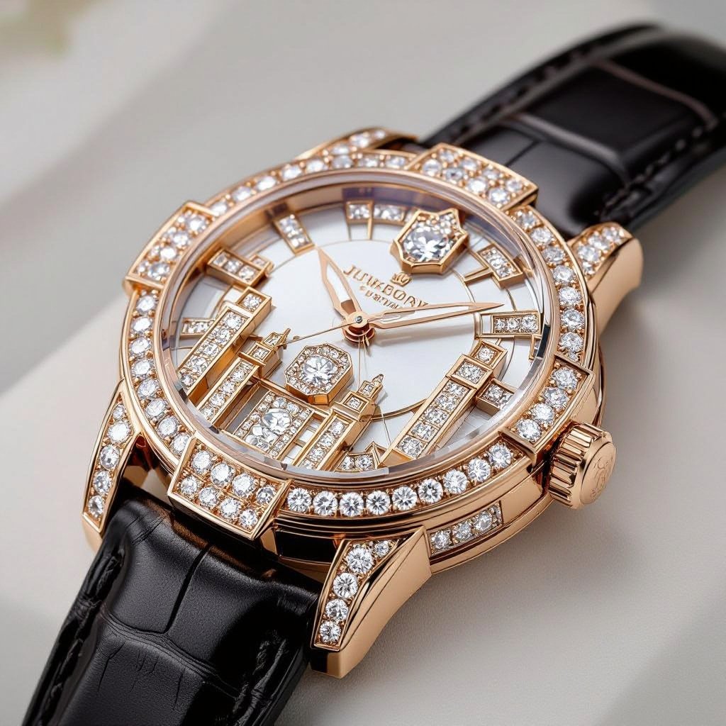 Create a watch of geomatruc shapes and architectural structures and bold edge style of white diamond 