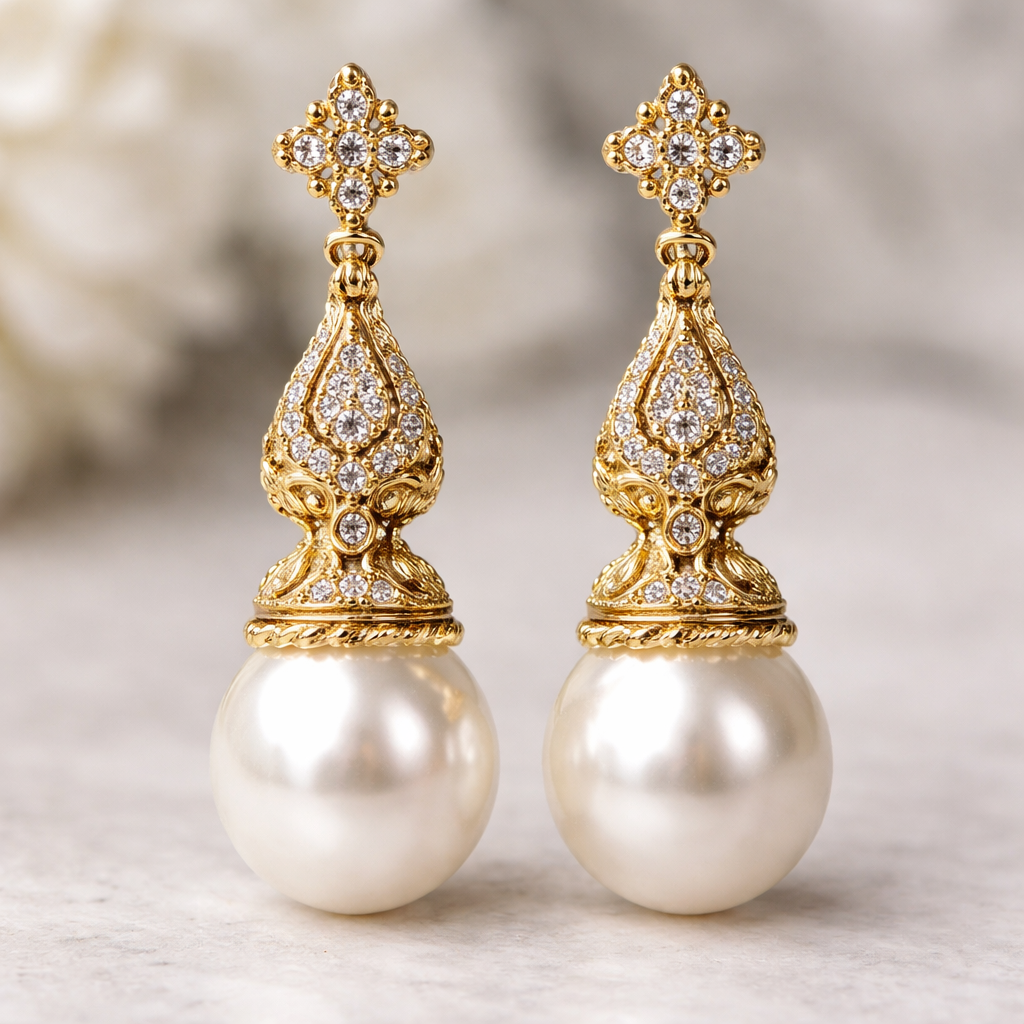 Gold pearl drop earrings with pavé diamonds, everyday wear