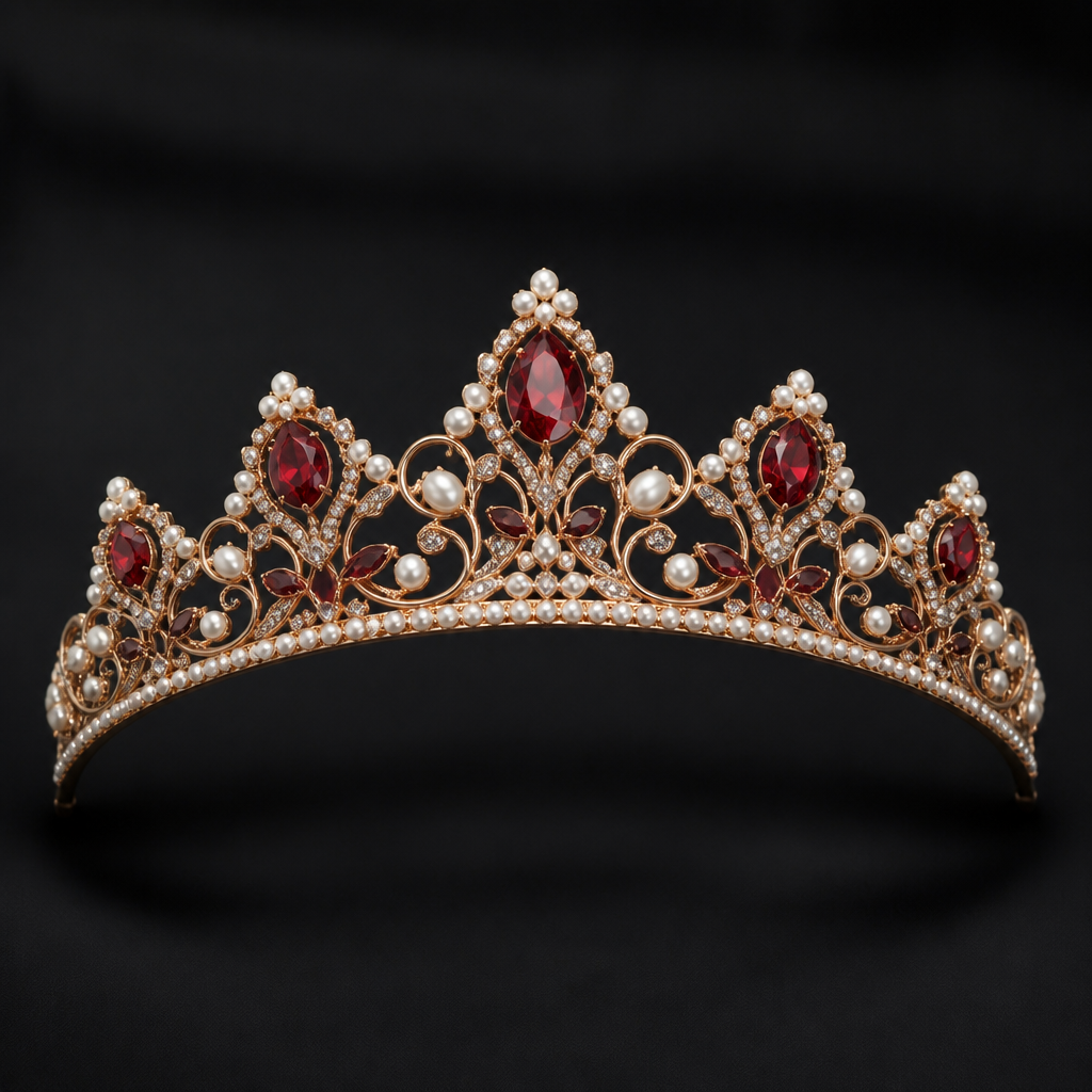 A five-stone women's tiara made of rose gold with pearl and garnet stones suitable for party, detailed and decorative, moderately ornate
photorealistic jewelry design, A five-stone women's tiara made of rose gold with pearl and garnet stones suitable for party, detailed and decorative, moderately ornate, five_stone style, just the design no text