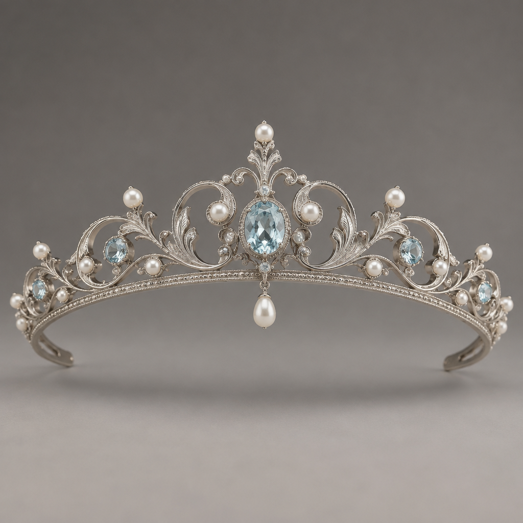 A victorian women's tiara made of white gold with pearl and aquamarine stones suitable for formal, minimalist, simple and delicate, clean lines
photorealistic jewelry design, A victorian women's tiara made of white gold with pearl and aquamarine stones suitable for formal, minimalist, simple and delicate, clean lines, victorian style, just the design no text