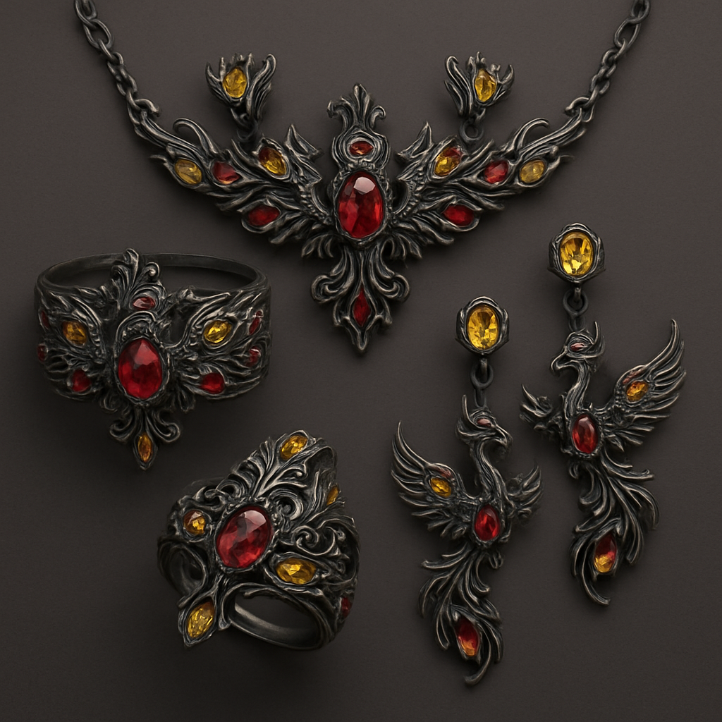 A full Ruby jewelry set including bracelet, earrings and rings with at least 10 citrine and topaz inlays with phoenix themes and an omega necklace