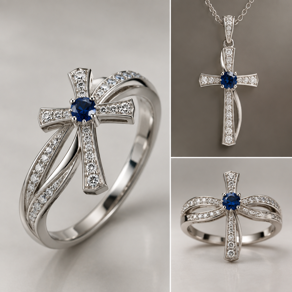 A women's ring. blues sapphire with diamonds modern design rings n pendant
design for me a modern crucifier with diamonds ring
photorealistic jewelry design, A women's ring. blues sapphire with diamonds modern design rings n pendant
design for me a modern crucifier with diamonds ring, modern style, just the design no text