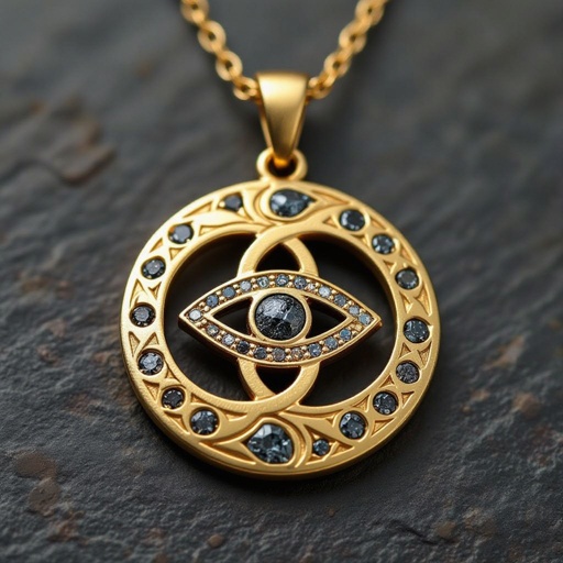 Подвеска из матового золота с узорами и мелкими необработанными матовыми камнями в форме двух пересекающихся окружностей и глаза между ними