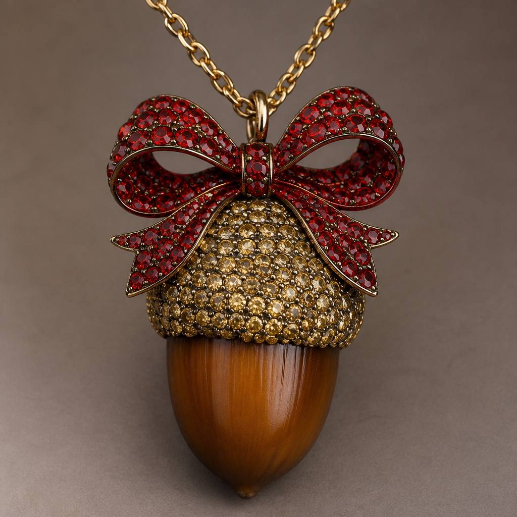 Retro modern huge acorn necklace brown and encrusted in a red jeweled bow
photorealistic jewelry design, Retro modern huge acorn necklace brown and encrusted in a red jeweled bow , modern style, just the design no text