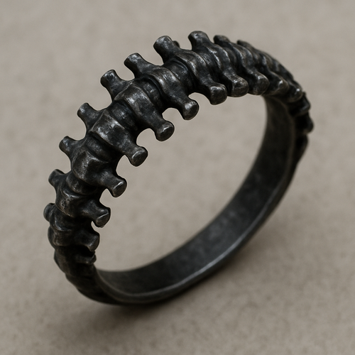 An gothic old rustical style ring that is closed and thin but is inspired by a bsckbone of a human