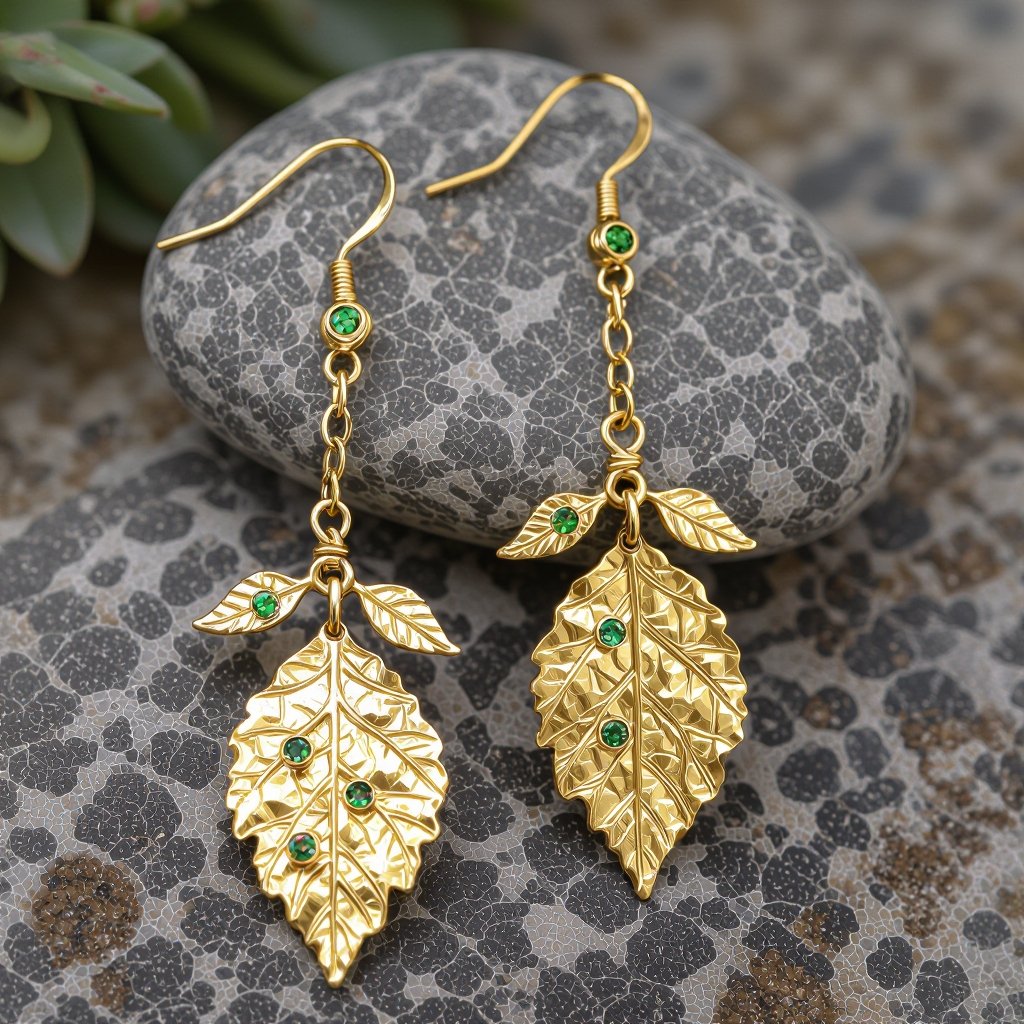 Серьги длинные на цепочках матовое золото мятое. Символ листок с прожилками на нем маленькие зеленые  камушки