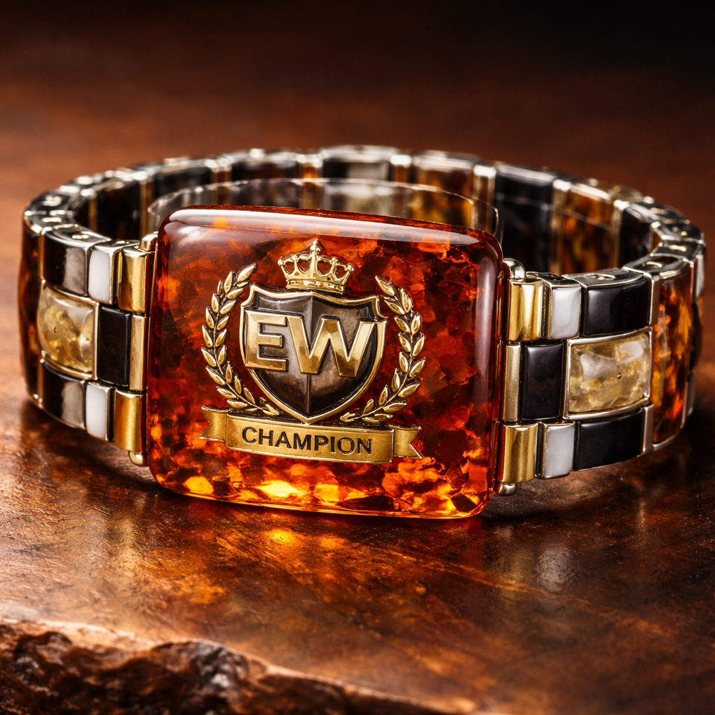 Naturalus Gintaras Gintaras zaliava, EVW champion logo ant gintarinio gabalo vyriska apyranke raudonas gintaras juodas gintaras balatas gintaras prabangus kvadratinis staciakampis stalo pavidalu