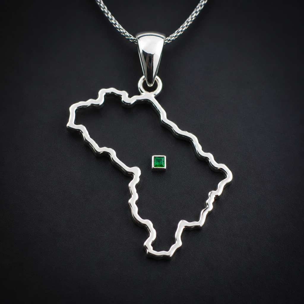 A luxury women's pendant made of silver with emerald stones. 30 mm silver pendant with outline of sandžak and a square cut 2.5 mm Colombian emerald flush set in place of Novi Pazar
photorealistic jewelry design, A luxury women's pendant made of silver with emerald stones. 30 mm silver pendant with outline of sandžak and a square cut 2.5 mm Colombian emerald flush set in place of Novi Pazar, luxury style, just the design no text