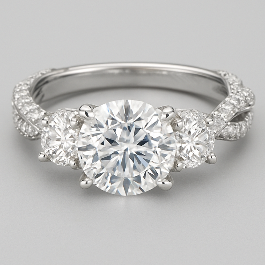 Elegant platinum 4 carat tw 3 stone ring pave twisted band