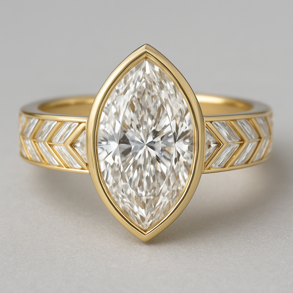 Bezel set 6 carat marquise diamond center stone with baguette diamonds in a herringbone pattern in the band