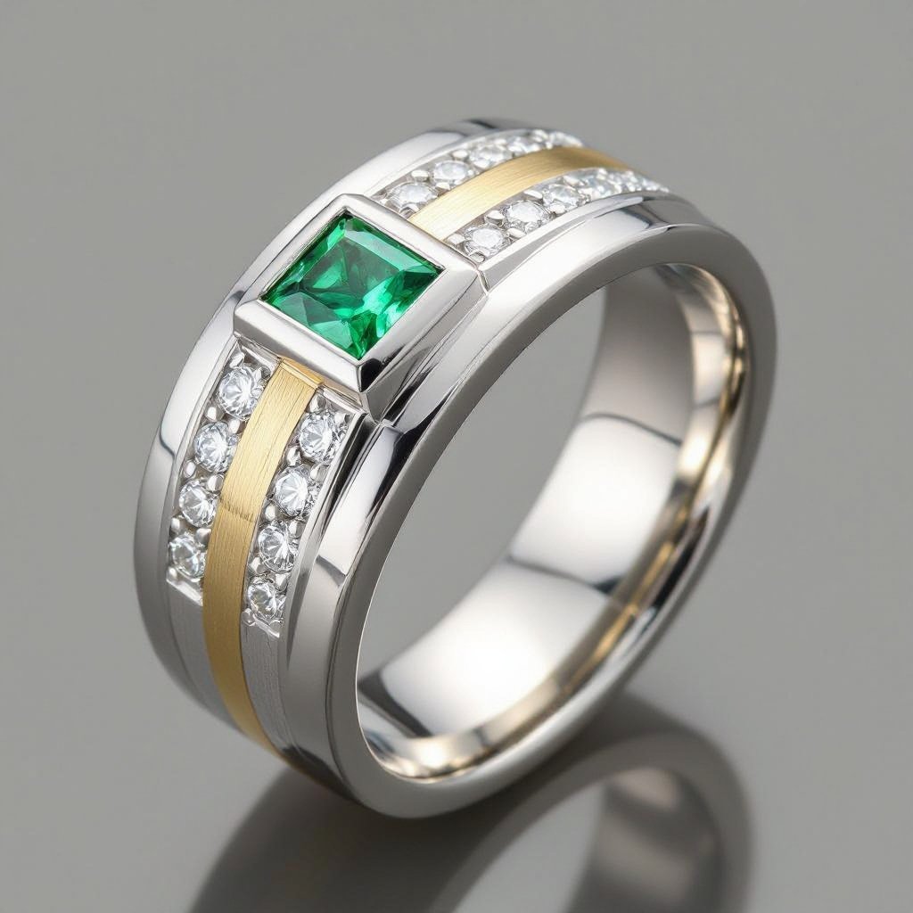 Wedding ring for men with a small trillion in an emerald stone using white gold in the middle and a platinum base that is specially designed for a man who has a classic taste in designs.  