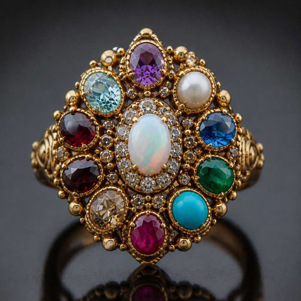 A vintage women's ring made of gold with diamond and ruby and opal and aquamarine and turquoise and garnet and amethyst and sapphire and emerald and pearl and topaz stones
photorealistic jewelry design, A vintage women's ring made of gold with diamond and ruby and opal and aquamarine and turquoise and garnet and amethyst and sapphire and emerald and pearl and topaz stones, vintage style, just the design no text