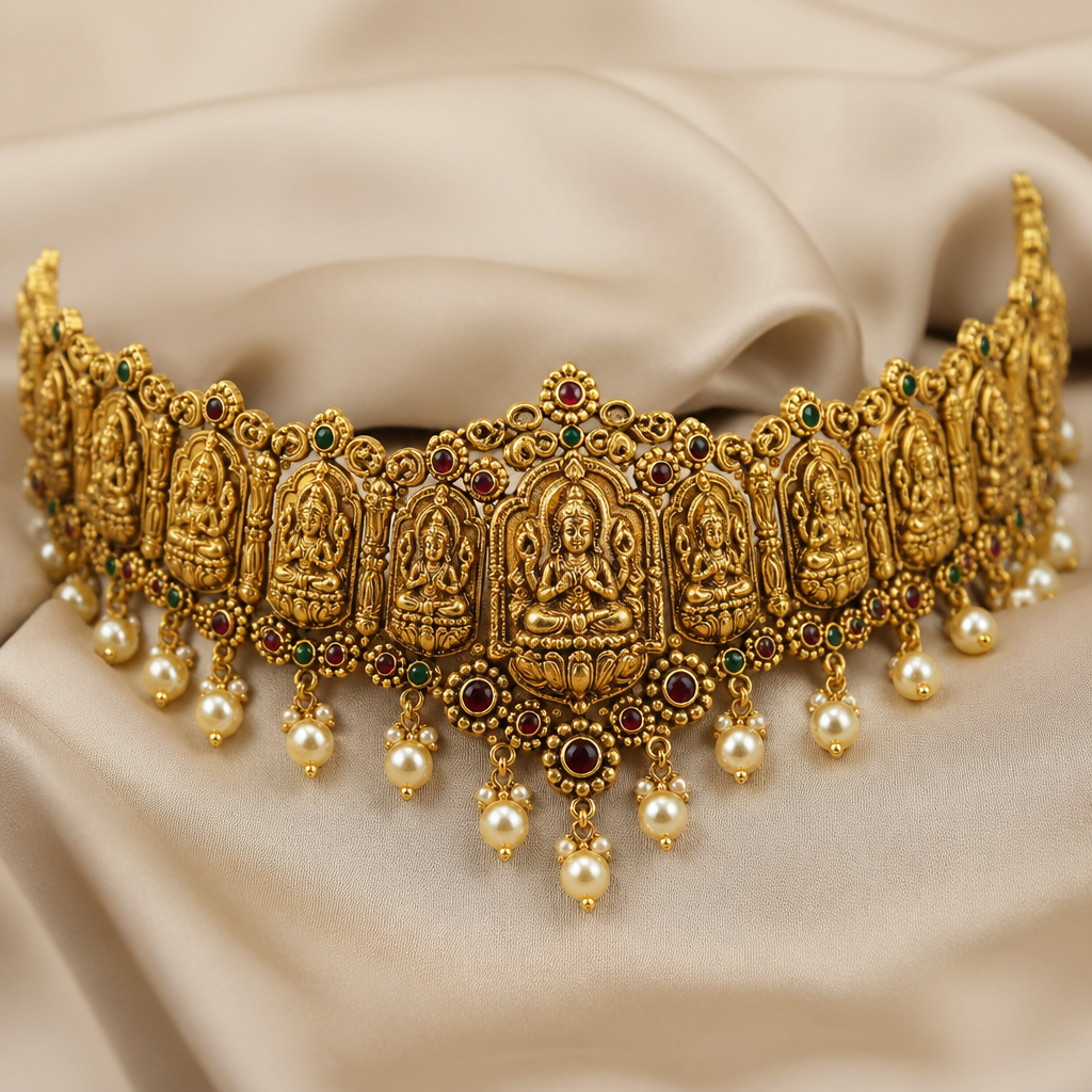 I need a temple look simple design which can be used as a choker and pearls at bottom
photorealistic jewelry design, I need a temple look simple design which can be used as a choker and pearls at bottom, ethnic style, just the design no text