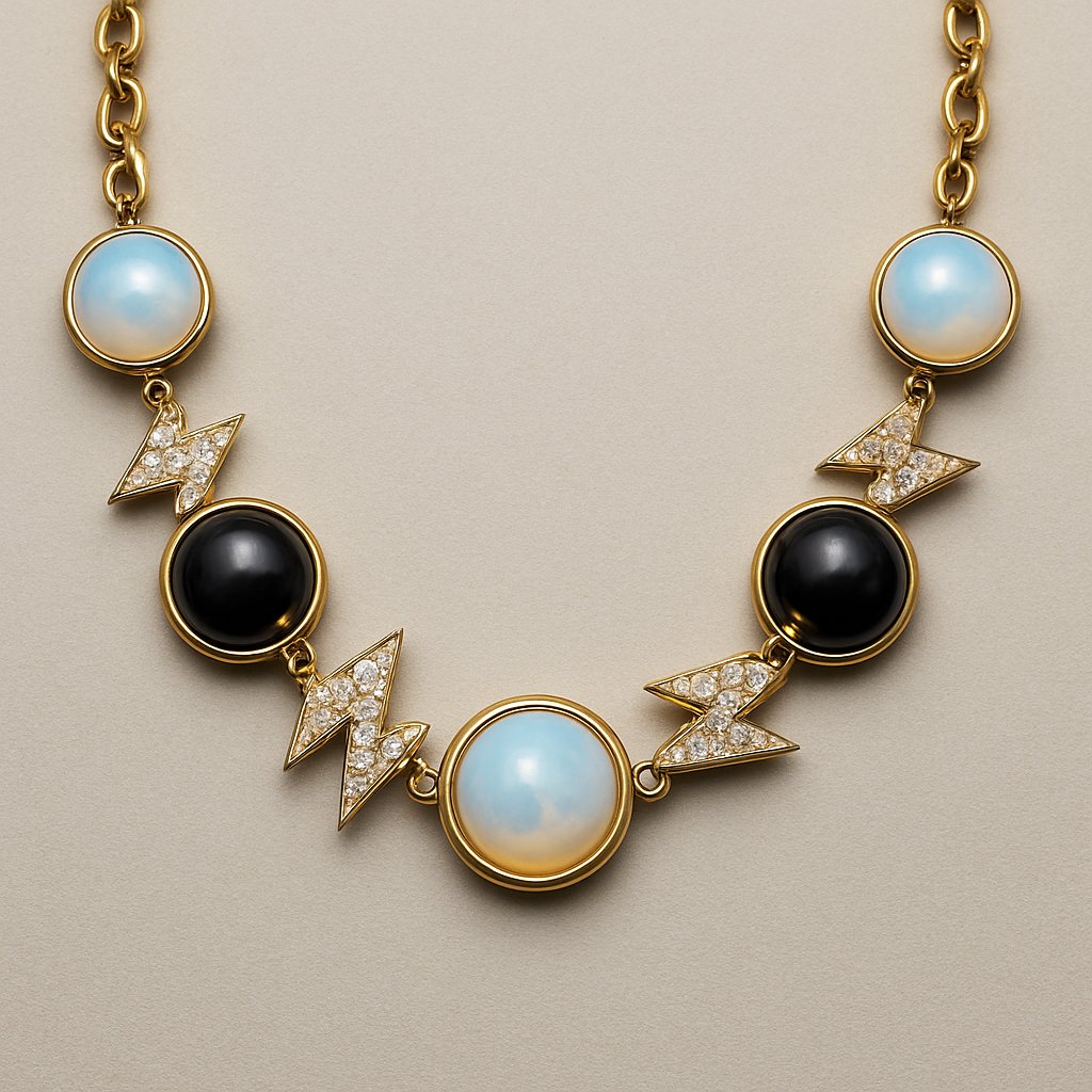 Opalite and onyx collar linked with bolt shaped diamonds