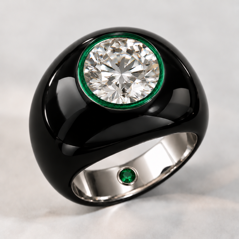The small bezel around the diamond to be in Colombian emerald colour enamel
edit the attached jewelry design with these instructions: The small bezel around the diamond to be in Colombian emerald colour enamel. keep it photorealistic, just the design no text