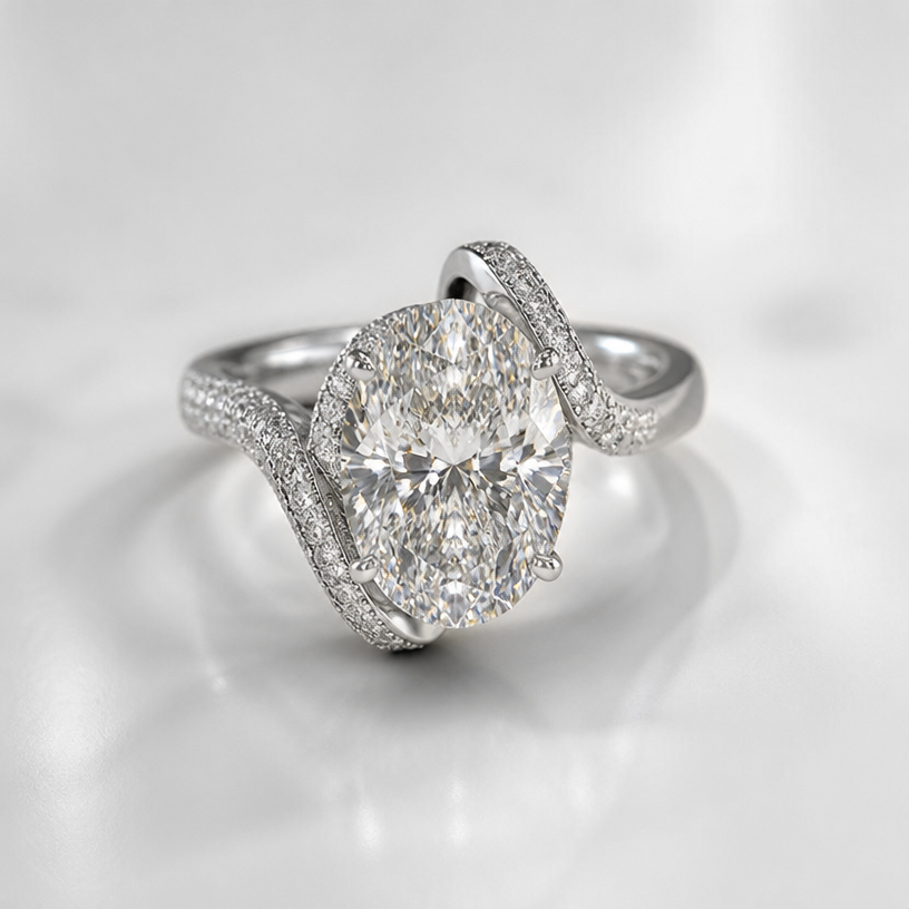 A women's ring. do this but with a 10 ct oval
using the attached image as a visual reference, create A women's ring. do this but with a 10 ct oval. photorealistic, just the design no text