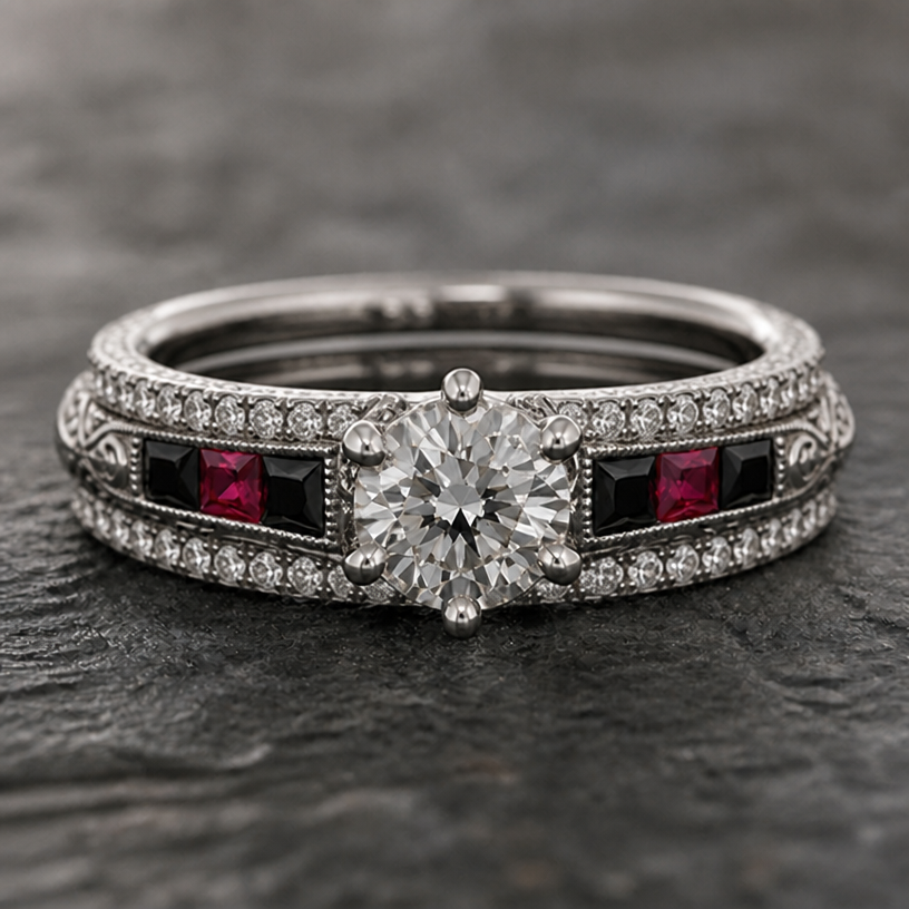 Add another row of ruby and black diamonds with small regular diamonds connected to ring as a wedding band
edit the attached jewelry design with these instructions: Add another row of ruby and black diamonds with small regular diamonds connected to ring as a wedding band. keep it photorealistic, just the design no text