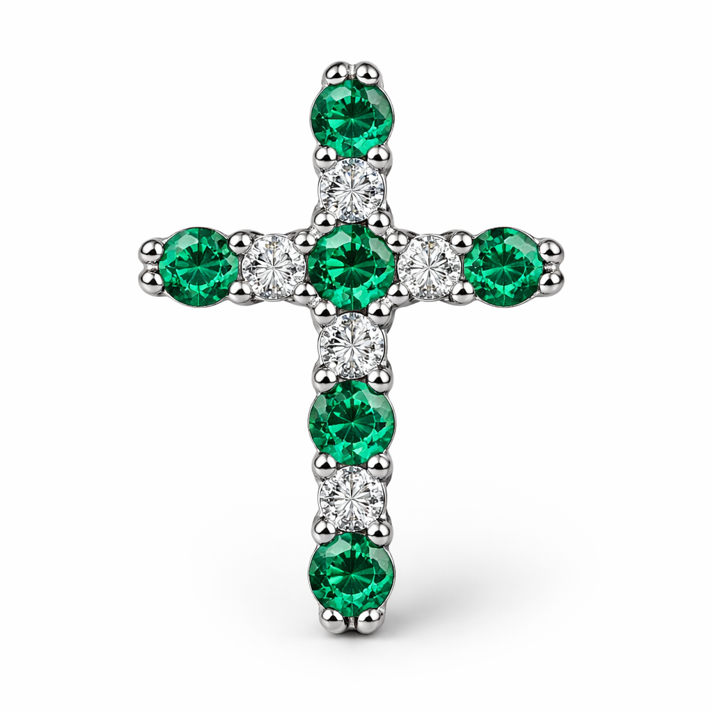 Simple Small rounded Emerald cross with accent diamonds, prong set stones
