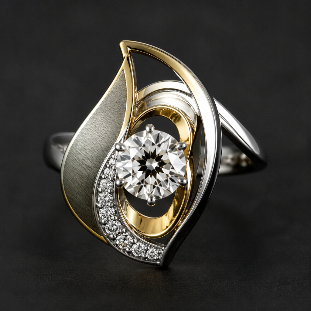 A avant-garde women's ring made of mixed metal with diamond stones suitable for festival. An extraordinary excellent beautiful delicate and elegant solitaire women ring. Face of the ring.
photorealistic jewelry design, A avant-garde women's ring made of mixed metal with diamond stones suitable for festival. An extraordinary excellent beautiful delicate and elegant solitaire women ring. Face of the ring., avant_garde style, just the design no text