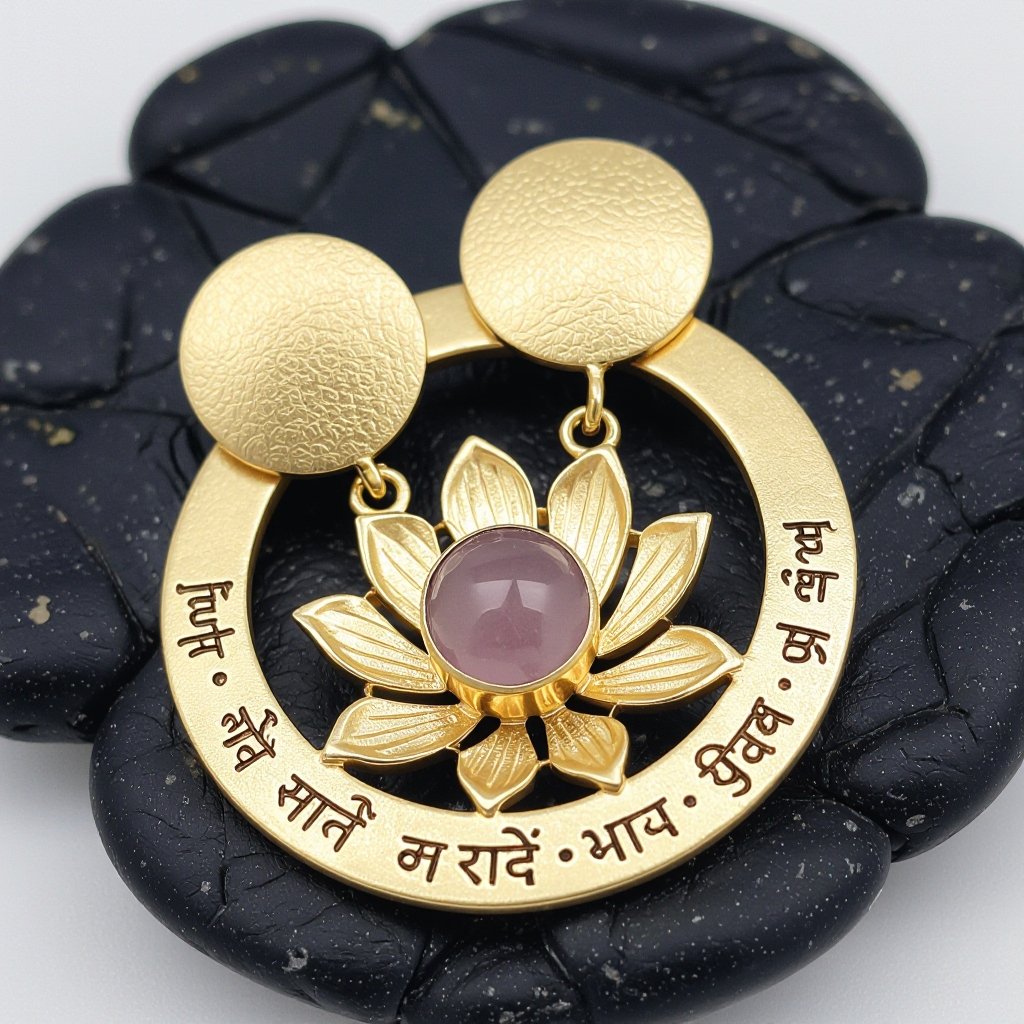 Gold-colored matte ring earrings. The diameter is 1 cm. Pendant in the form of a flat lotus with 6 petals. In the center of the lotus is a rose quartz stone. There are mantras in Sanskrit in small print on the petals.