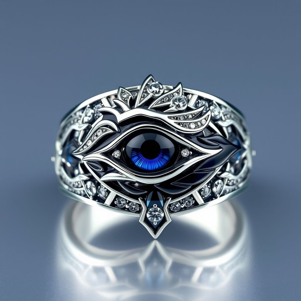 A silver segnit ring with a phoenix eye on it for men
