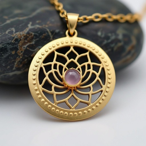 Золотые матовые серьги. Подвеска в виде круга. По окружности выпуклые маленькие точки. В центре выгравирован узор в форме лотоса. В центре лотоса маленький камень из розового кварца