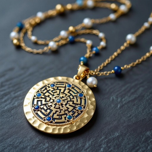 Кулон на длинной цепочке. Матовое светлое золото. В цепочке небольшие золотые шарики и синие камушки и жемчуга. Кулон в форме неровного мятого круга. На круге изображен лабиринт и украшен узорами и мелкими камушками 
