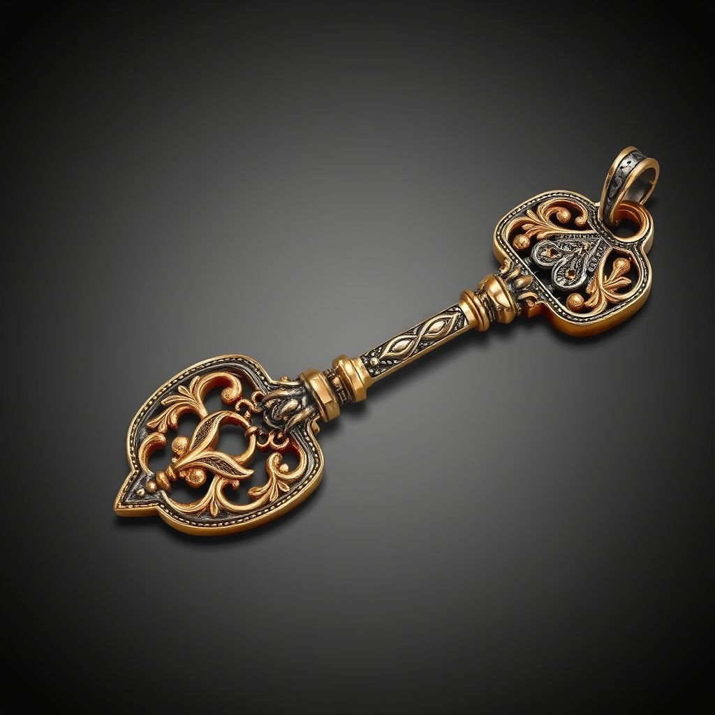 Old skeleton key shape gold and silver tones with olive branch turning on leg and keffieh print on the tip