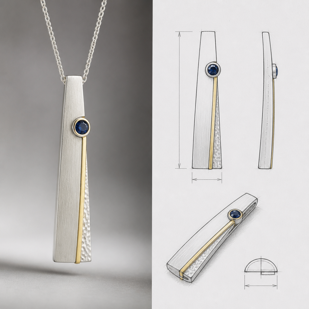 A modern women's pendant made of silver with sapphire stones. "photorealistic jewelry design, A scandinavian women's pendant made of silver suitable for daily wear, minimalist. simple and delicate, clean lines. simplistic form minimalist brushed silver finish with an accent of gold and a very small section of hammered surface, scandinavian style, with design scketchs and mesurments
photorealistic jewelry design, A modern women's pendant made of silver with sapphire stones. "photorealistic jewelry design, A scandinavian women's pendant made of silver suitable for daily wear, minimalist. simple and delicate, clean lines. simplistic form minimalist brushed silver finish with an accent of gold and a very small section of hammered surface, scandinavian style, with design scketchs and mesurments, modern style, just the design no text