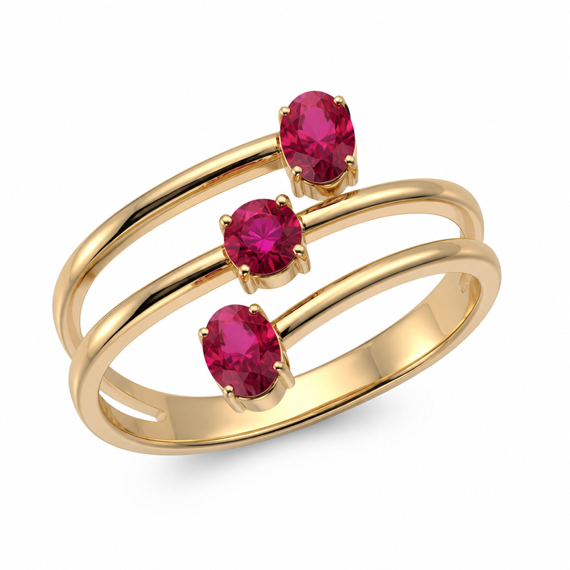 A romantic women's ring made of gold with ruby stones suitable for birthday. 3 stones, same size, 1 round 2 oval,
3 stripes each stone on a different stripe, all 3 connected
using the attached image as a visual reference, create A romantic women's ring made of gold with ruby stones suitable for birthday. 3 stones, same size, 1 round 2 oval,
3 stripes each stone on a different stripe, all 3 connected. photorealistic, just the design no text