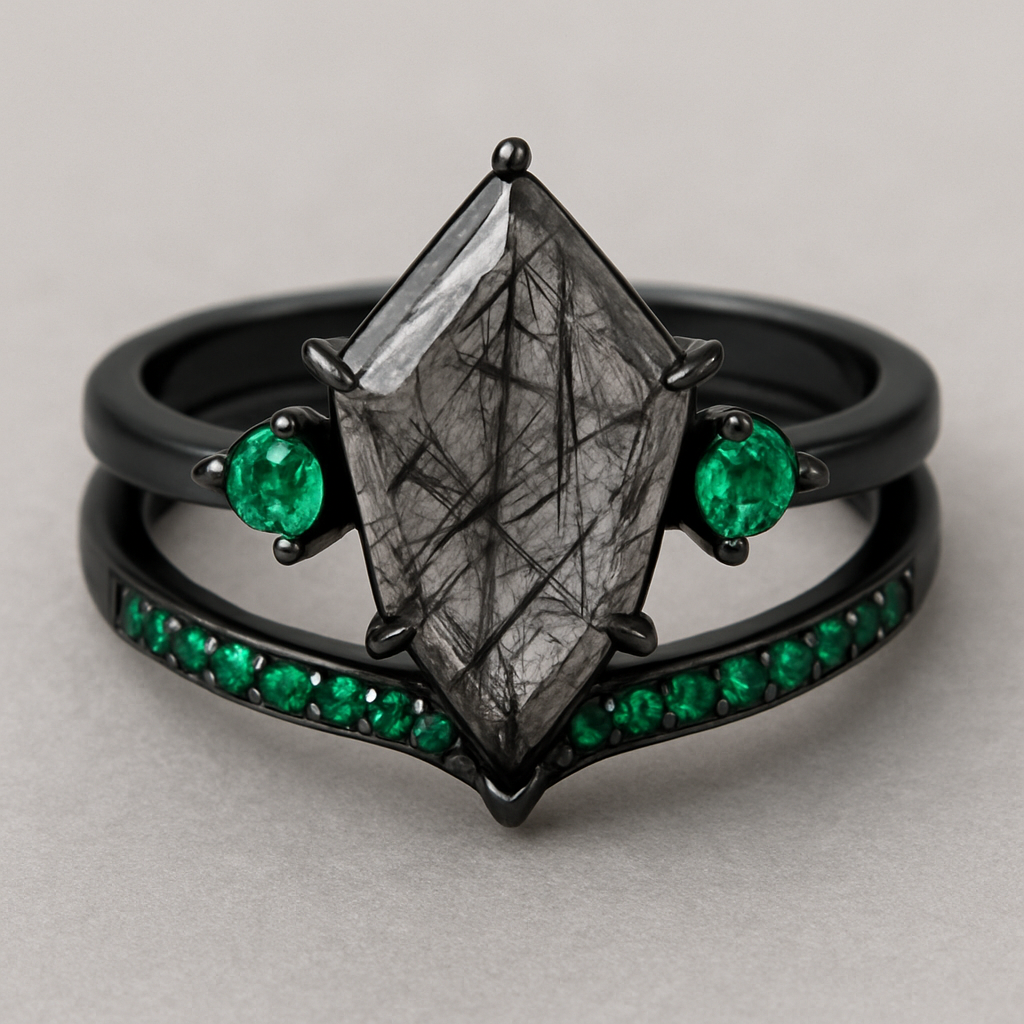 Black band, kite cut tourmalated quartz, emerald accent stones, second band black with stones