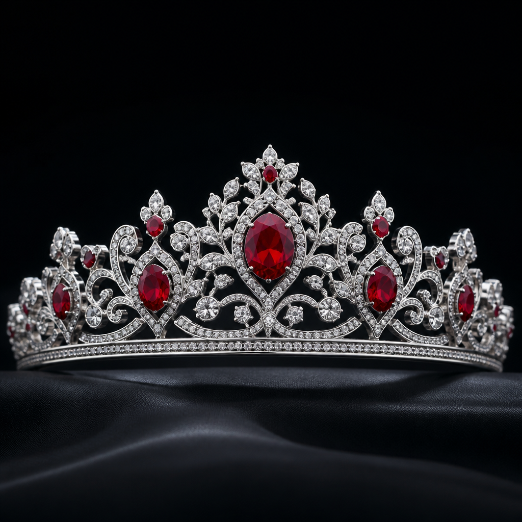 A classic women's tiara made of silver with ruby stones suitable for party
photorealistic jewelry design, A classic women's tiara made of silver with ruby stones suitable for party, classic style, just the design no text