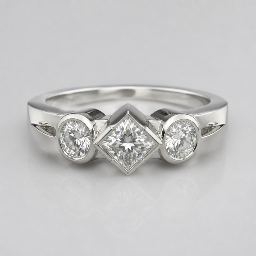 Two round and one princess cut diamonds in a ring
photorealistic jewelry design, Two round and one princess cut diamonds in a ring, geometric style, just the design no text